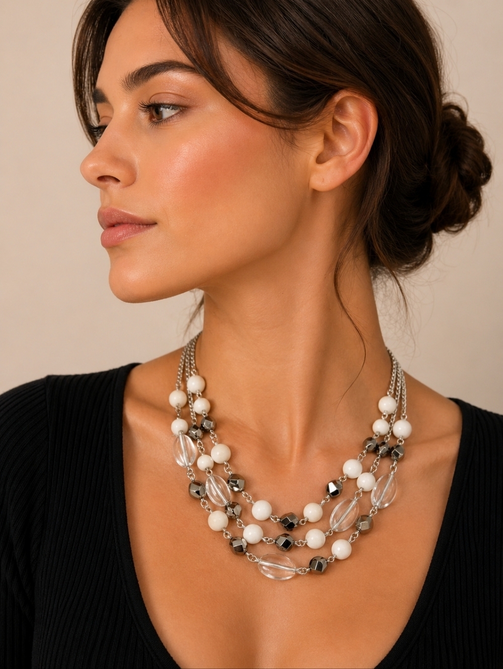 3/$30 Layered White Silver Beaded Torsade Necklace